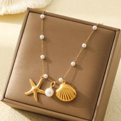 18KG imitation pearl shell starfish charm dainty stainless steel necklace