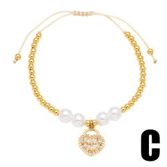 Elegant pearl bead gold plated copper heart charm slide bracelet