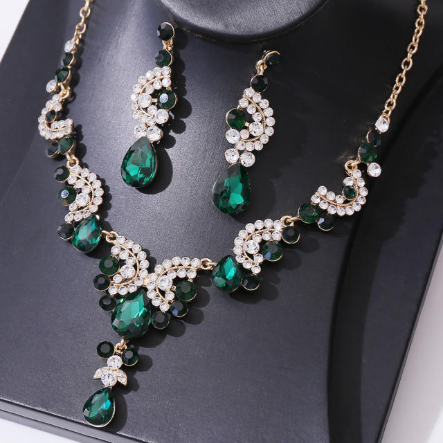 Delicate colorful glass crystal statement necklace set wedding bridal necklace set