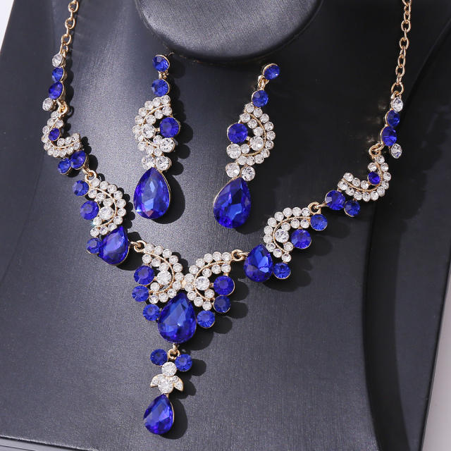Delicate colorful glass crystal statement necklace set wedding bridal necklace set