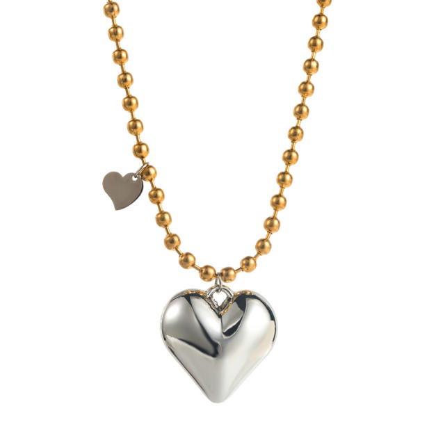 Sweet cool chunky heart charm stainless steel necklace bracelet set