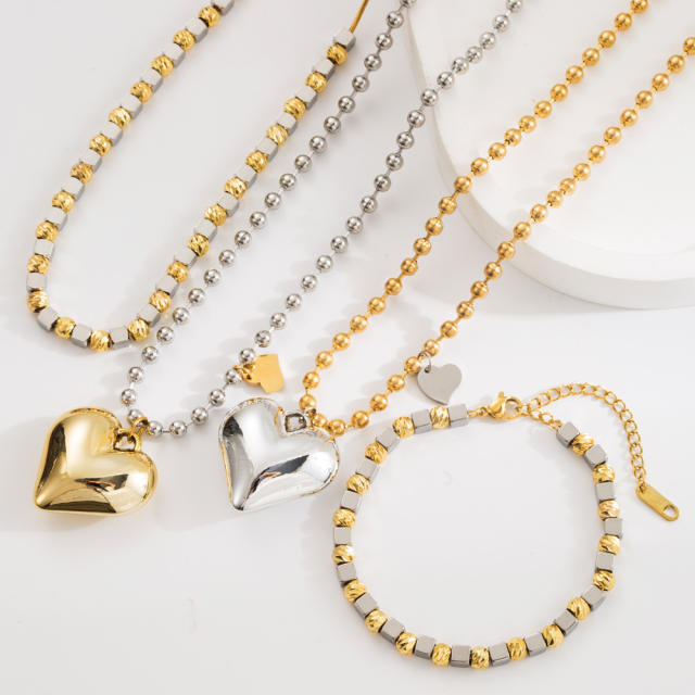 Sweet cool chunky heart charm stainless steel necklace bracelet set
