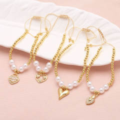 Elegant pearl bead gold plated copper heart charm slide bracelet
