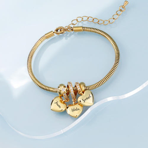 DIY engrave letter stereo heart charm birthstone snake chain bracelet