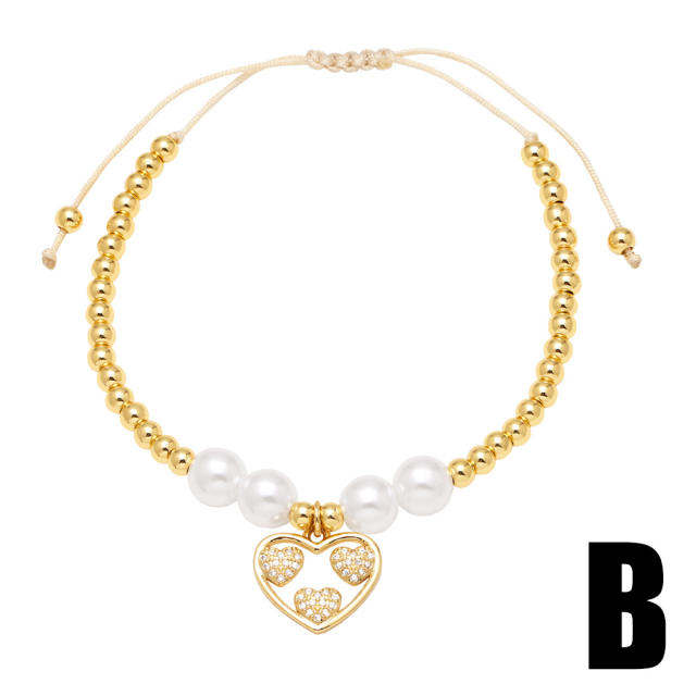 Elegant pearl bead gold plated copper heart charm slide bracelet