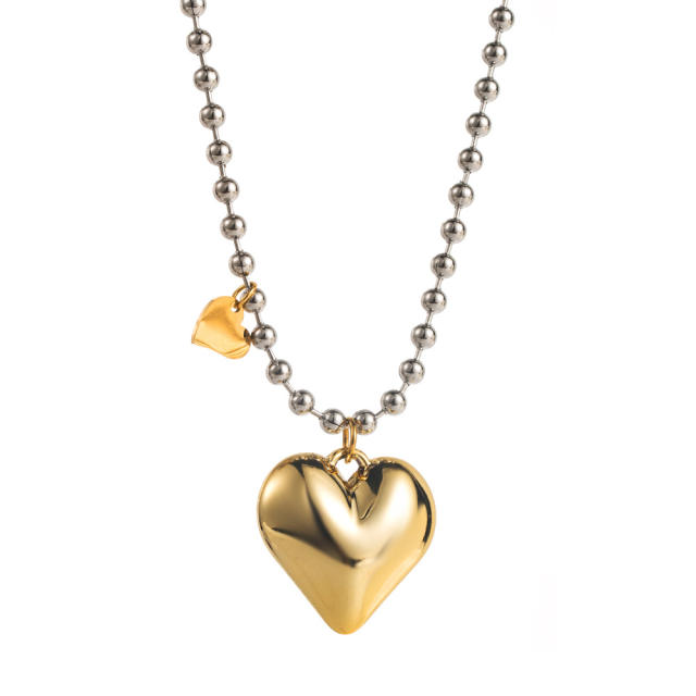 Sweet cool chunky heart charm stainless steel necklace bracelet set