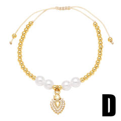 Elegant pearl bead gold plated copper heart charm slide bracelet