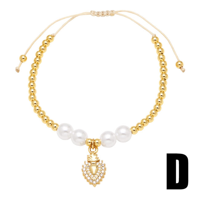 Elegant pearl bead gold plated copper heart charm slide bracelet