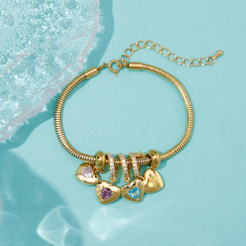 DIY engrave letter stereo heart charm birthstone snake chain bracelet
