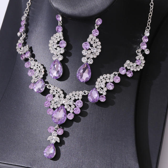 Delicate colorful glass crystal statement necklace set wedding bridal necklace set