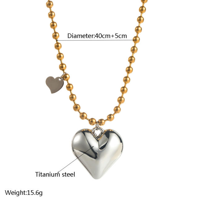Sweet cool chunky heart charm stainless steel necklace bracelet set
