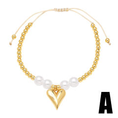 Elegant pearl bead gold plated copper heart charm slide bracelet