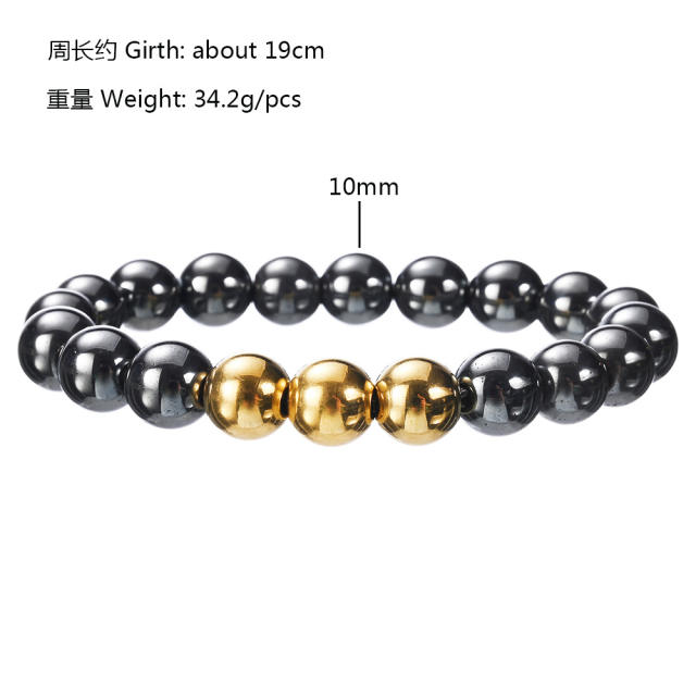 Black obsidian bead stainless steel bead bracelet for men