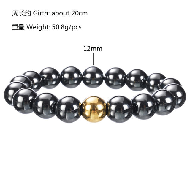 Black obsidian bead stainless steel bead bracelet for men