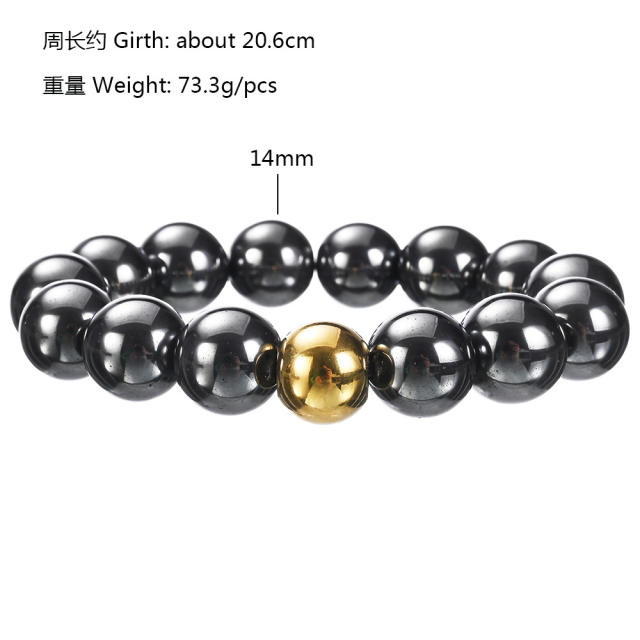 Black obsidian bead stainless steel bead bracelet for men