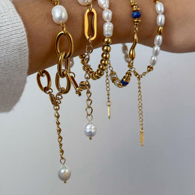 18KG elegant pearl bead stainless steel chain bracelet