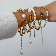 18KG elegant pearl bead stainless steel chain bracelet