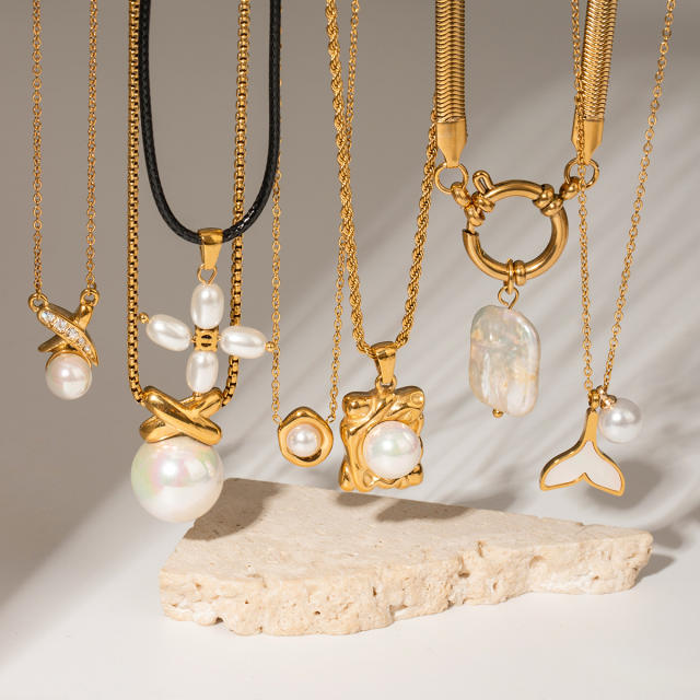 Dainty pearl pendant stainless steel necklace collection