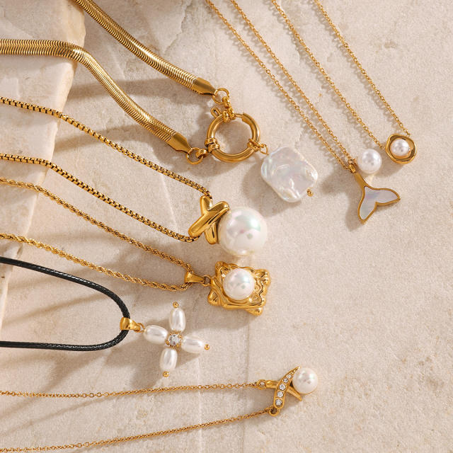 Dainty pearl pendant stainless steel necklace collection