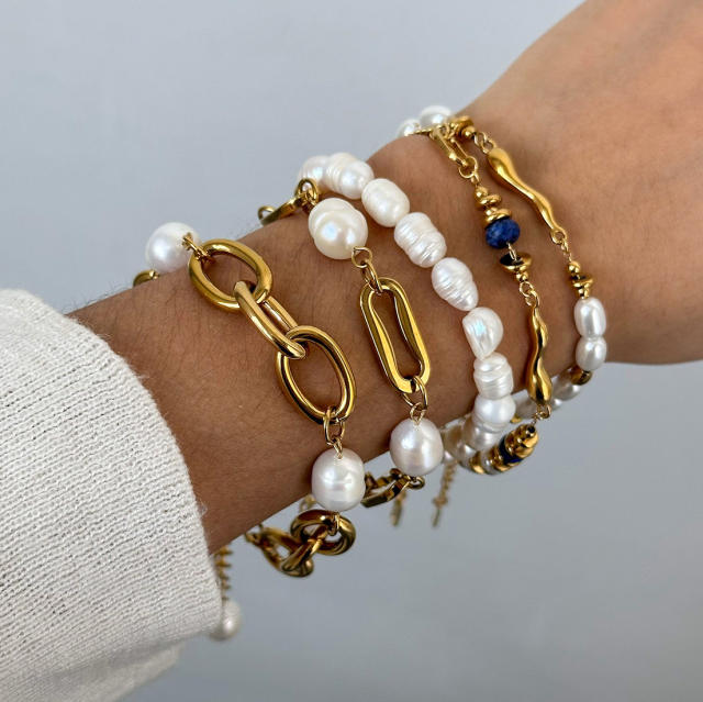 18KG elegant pearl bead stainless steel chain bracelet