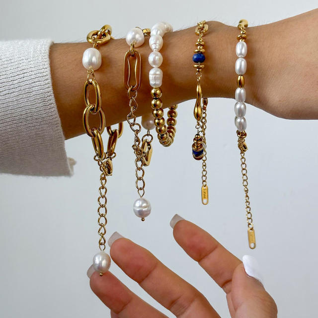 18KG elegant pearl bead stainless steel chain bracelet