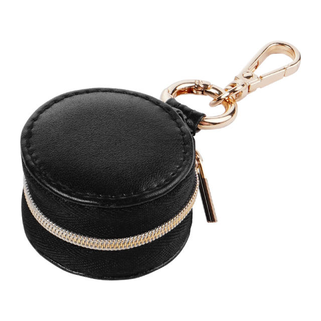 Portatable round shape PU leather mini travel jewelry box keychain