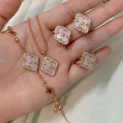 Sweet pink mother shell clover gold plated copper necklace set