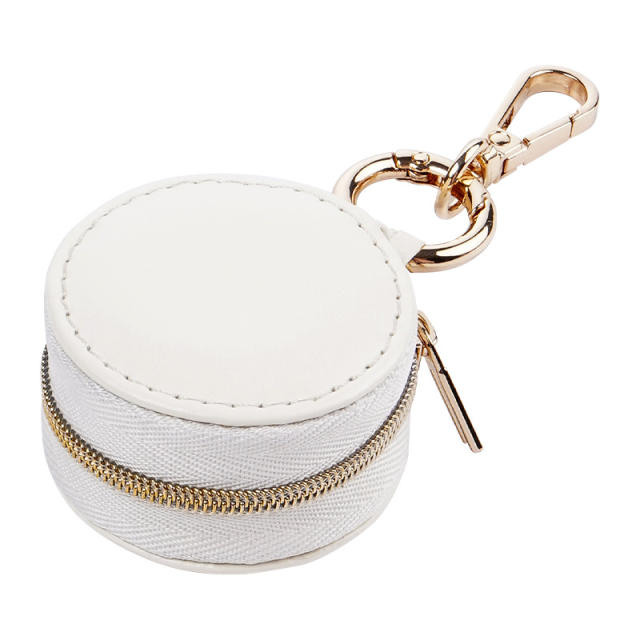 Portatable round shape PU leather mini travel jewelry box keychain