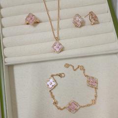 Sweet pink mother shell clover gold plated copper necklace set