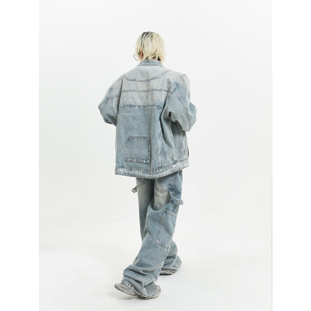 Hiphop oversize pink and blue color jean jacket pants set