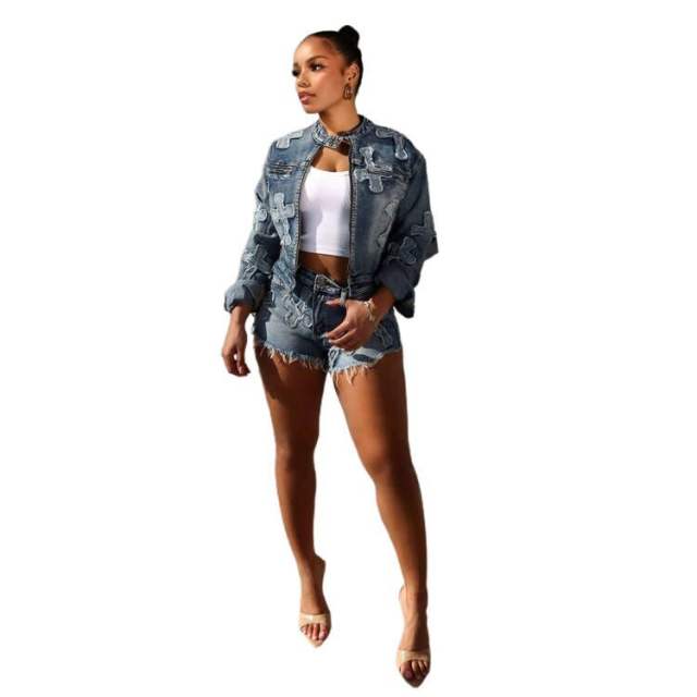 Hot sale unique jean jacket shorts set