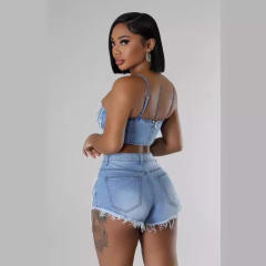 Sexy pearl chain tassel jean crop tops shorts set
