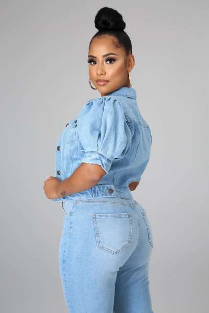 New design puff sleeve denim short jacket cropped tops