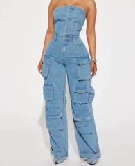 Popular boyfriend design denim wide leg off shoulder jumpsuit