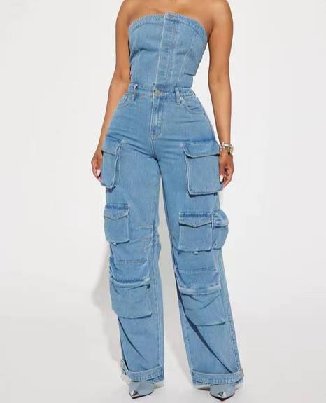 Popular boyfriend design denim wide leg off shoulder jumpsuit