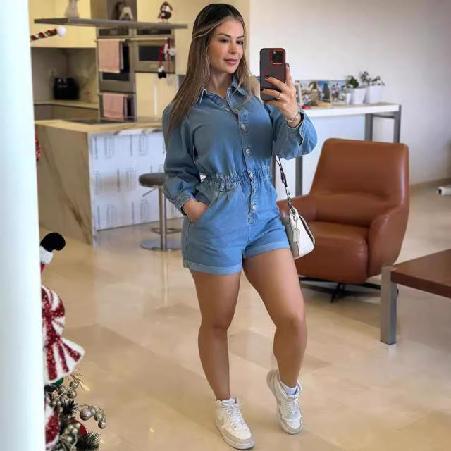 Popular long sleeve denim women rompers jumpsuit
