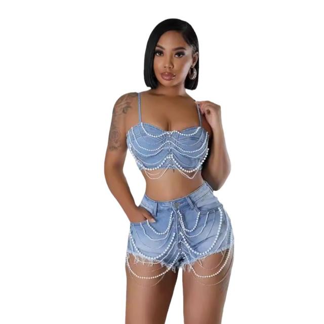 Sexy pearl chain tassel jean crop tops shorts set