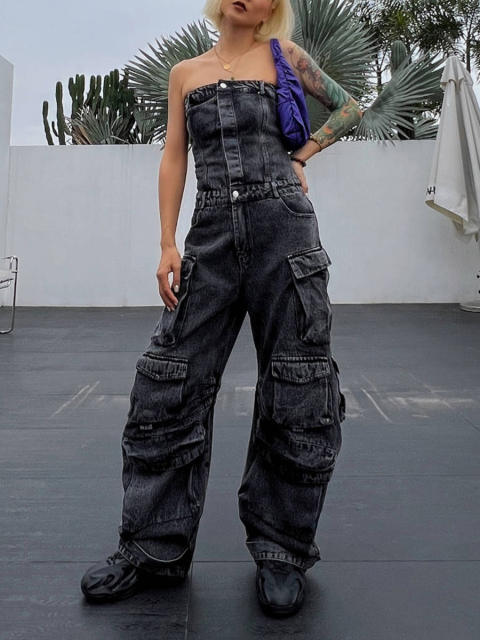 Popular boyfriend design denim wide leg off shoulder jumpsuit