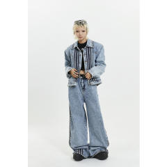 Amercian casual light blue jean jacket set with pants