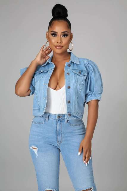 New design puff sleeve denim short jacket cropped tops