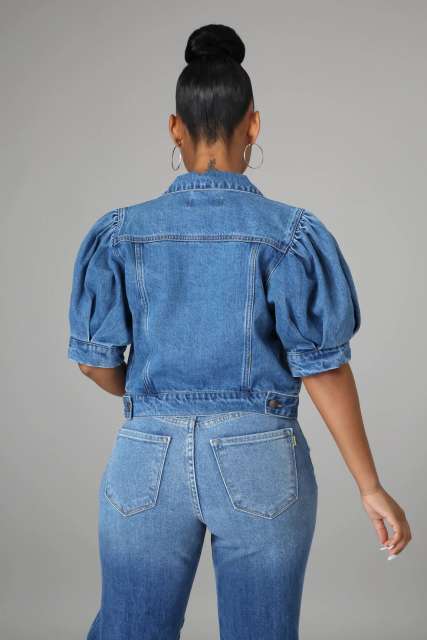 New design puff sleeve denim short jacket cropped tops