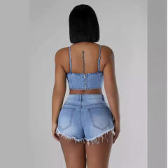 Sexy pearl chain tassel jean crop tops shorts set