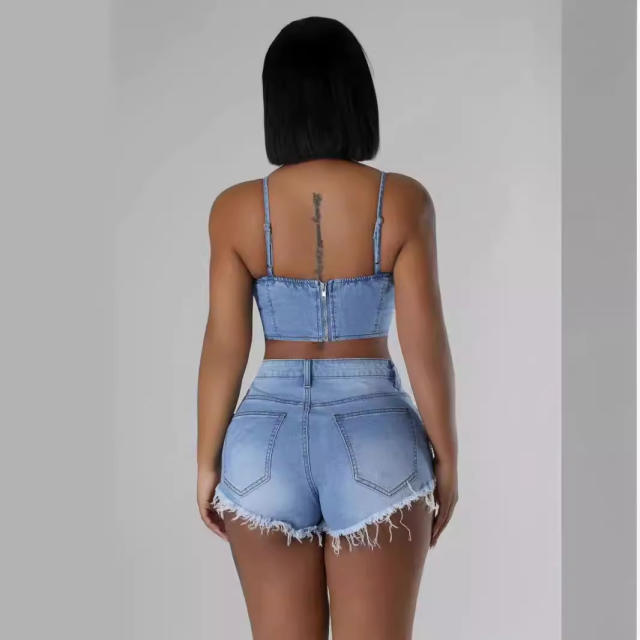 Sexy pearl chain tassel jean crop tops shorts set