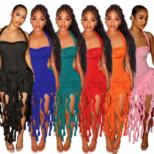 Sexy halter neck tassel bodycon dress party dress