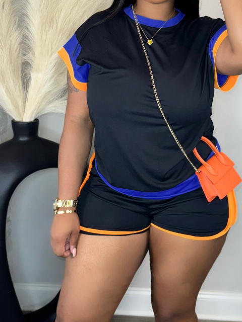 Summer bright color casual round collar t shirt shorts set