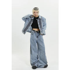 Amercian casual light blue jean jacket set with pants