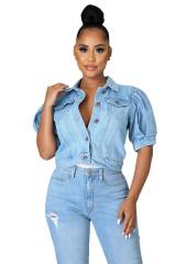New design puff sleeve denim short jacket cropped tops