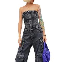 Popular boyfriend design denim wide leg off shoulder jumpsuit