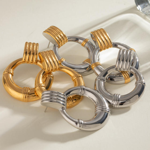 Elegant easy match chunky geometric circle stainless steel earrings