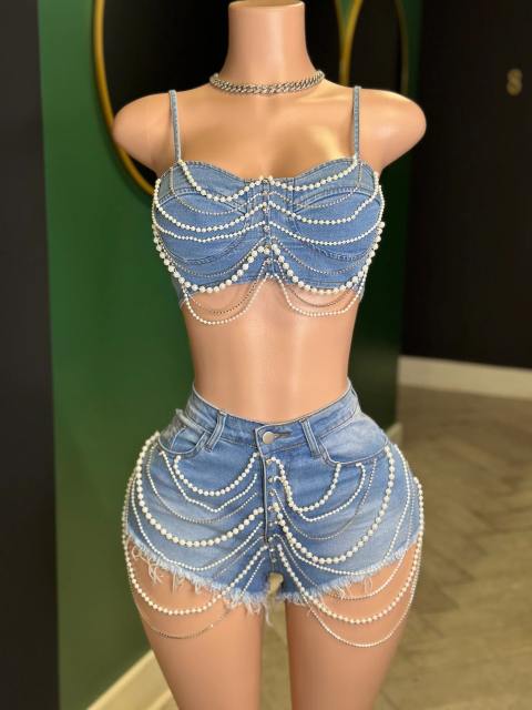 Sexy pearl chain tassel jean crop tops shorts set